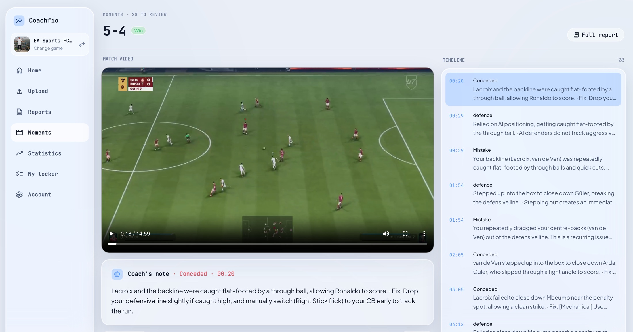 The Coachfio moments viewer: the recording, the coach's note for that moment, and the full timeline.