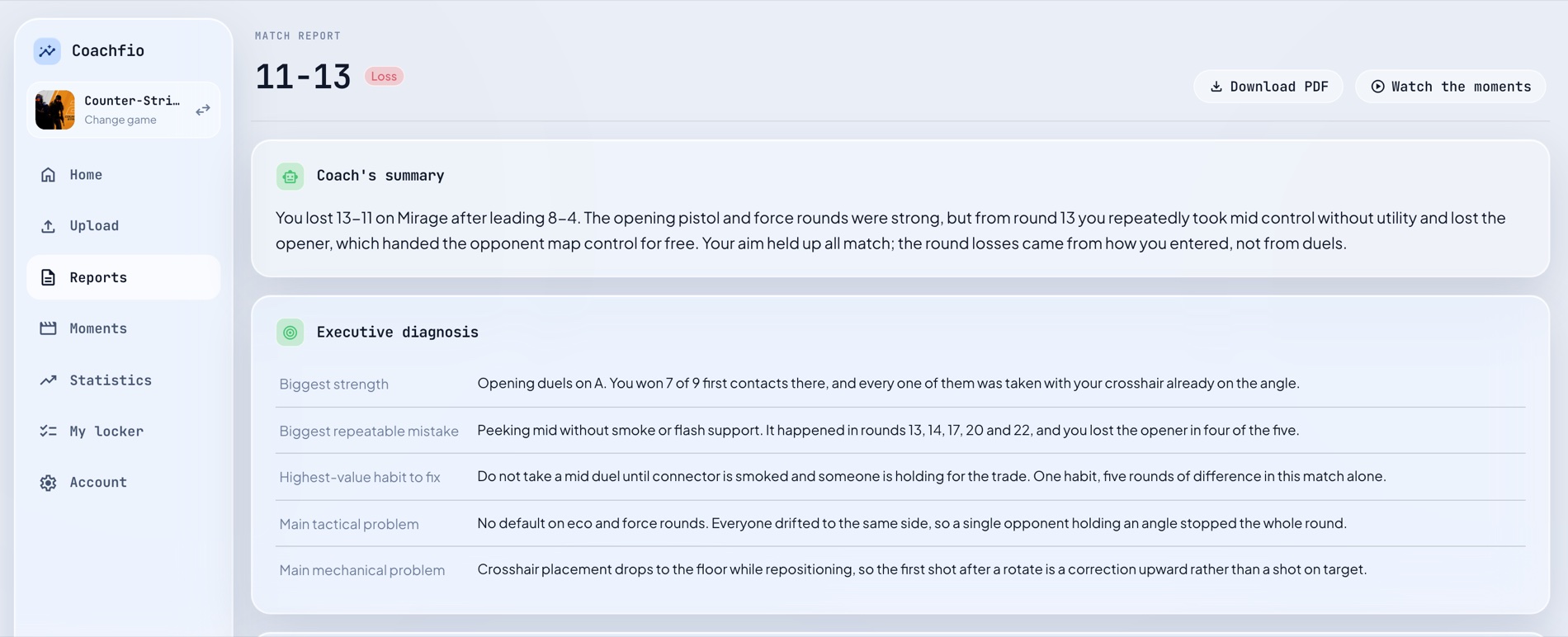 A Coachfio report for a tactical shooter: the same coach's summary and executive diagnosis structure.