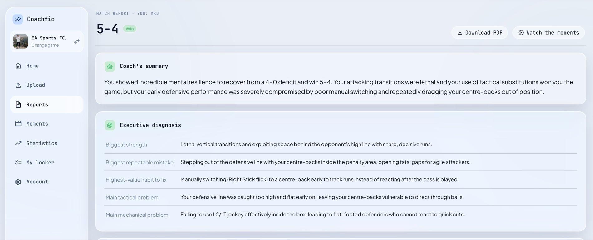 A Coachfio report for a football match: coach's summary and executive diagnosis.